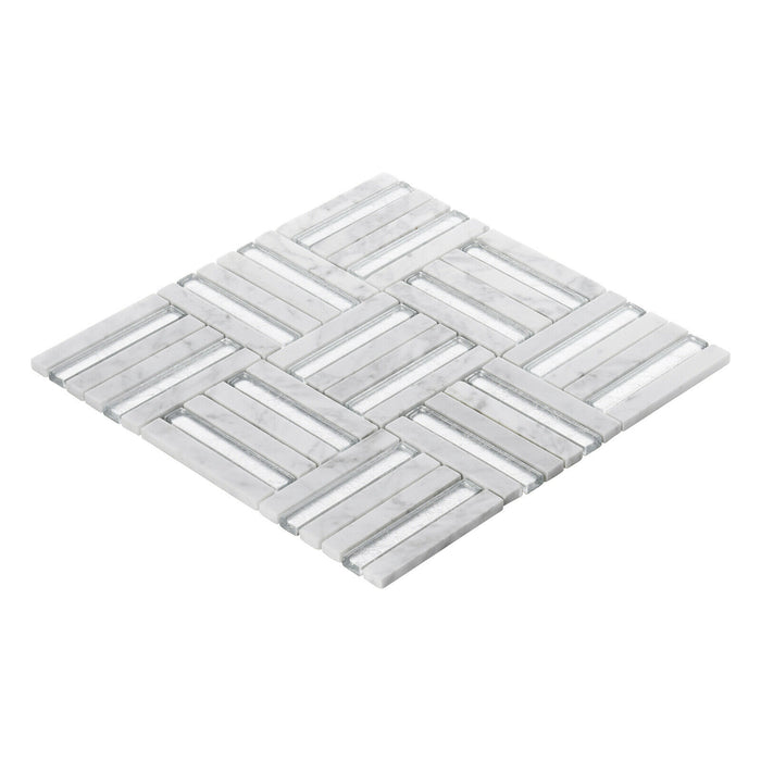 Sample - TDH360NS Natural Stone Crystal Glass Silver Carrara White Mosaic Tile