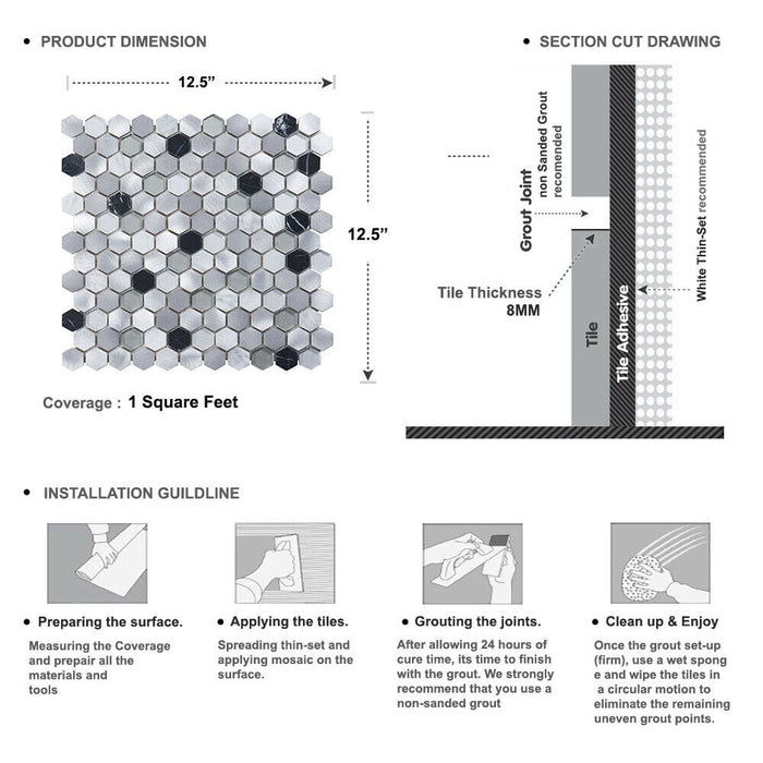 Sample - TDH46MDR White Calacatta Black Marble Gray Glass Metallic 1" Hexagon Mosaic Tile