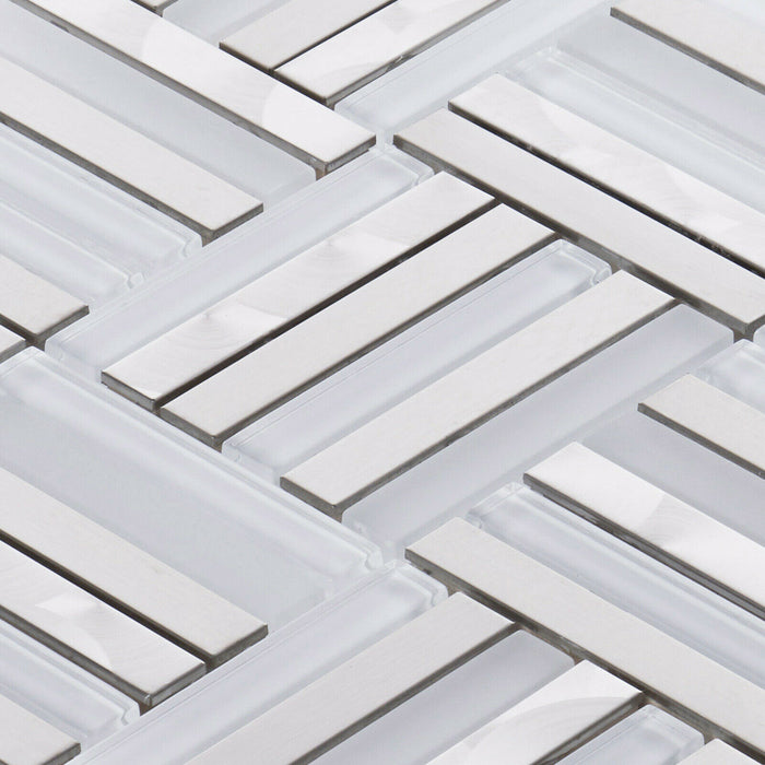 Sample - TDH372SS Stainless Steel Brushed Nickel White Crystal Glass Metallic Metal Mosaic Tile