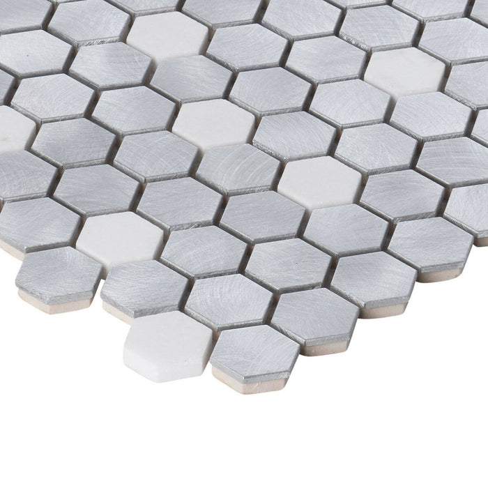 Sample - TDH44MDR White Marble Aluminum Metallic 1" Hexagon Mosaic Tile