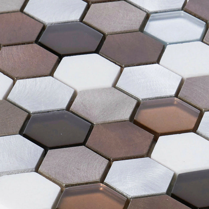 Sample - TDH34MDR Brown Beige Marble Metallic Hexagon Mosaic Tile