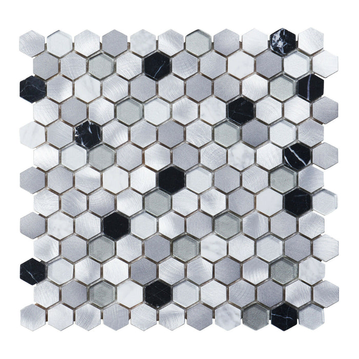 Sample - TDH46MDR White Calacatta Black Marble Gray Glass Metallic 1" Hexagon Mosaic Tile