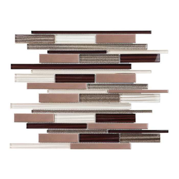 Sample - TDH48MDR Burgundy Red Beige Rose Gold Glass Metal Stainless Steel Linear Interlocking Mosaic Tile