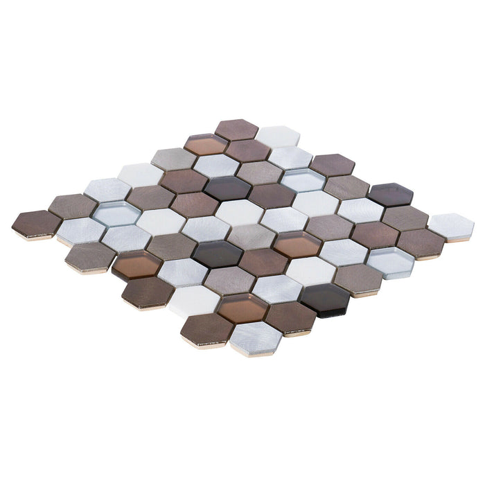 Sample - TDH34MDR Brown Beige Marble Metallic Hexagon Mosaic Tile