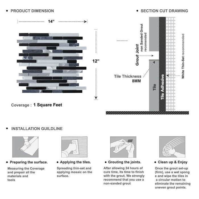 Sample - TDH3MDR Black Gray Aluminum Glass Stone Mosaic Tile