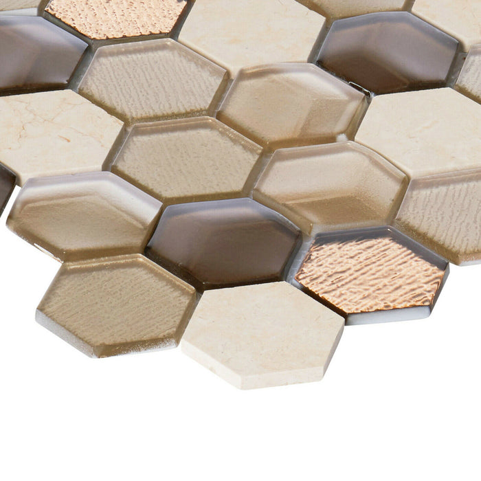 Sample - TDH30MDR Brown Beige 3D Glass Crema Marfil Stone Hexagon Mosaic Tile