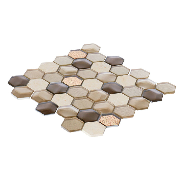 Sample - TDH30MDR Brown Beige 3D Glass Crema Marfil Stone Hexagon Mosaic Tile