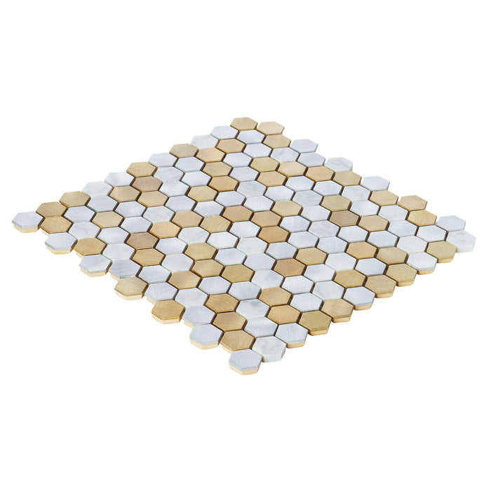 Sample - TDH45MDR White Calacatta Marble Champagne Gold Aluminum Metallic 1" Hexagon Mosaic Tile