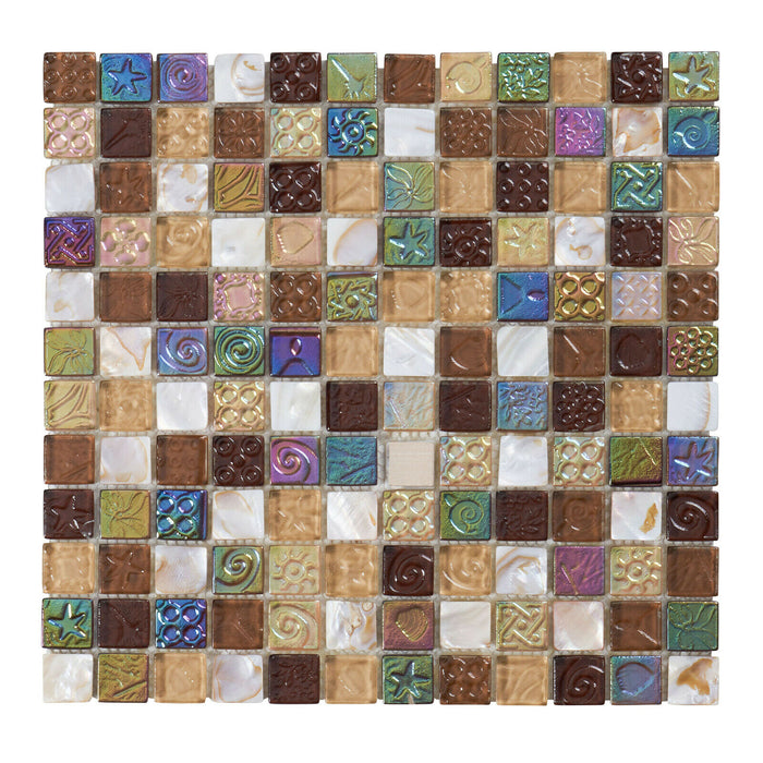 Sample - TDH11MDR Brown Beige Glass Mother of Pearl 1" Grid Mosaic Tile