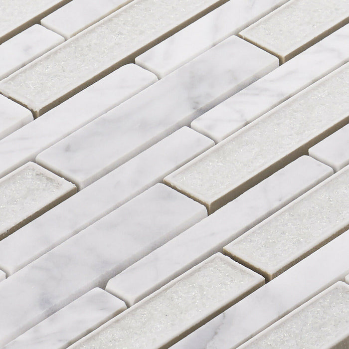 Sample - TDH469NS Natural Stone Crackle Glass Carrara White Mosaic Tile