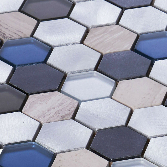 Sample - TDH35MDR Gray Marble Blue Glass Aluminum Metallic Hexagon Mosaic Tile