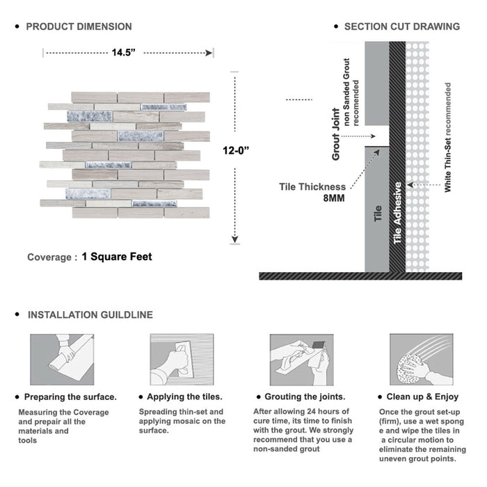 Sample - TDH479NS Natural Stone Crystal Glass White Oak Taupe Gray White Mosaic Tile