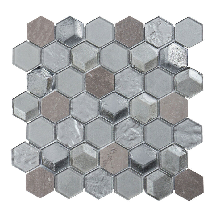 Sample - TDH29MDR Gray Metallic 3D Glass Marble Stone Hexagon Mosaic Tile