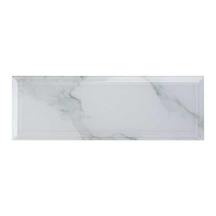 TDH77MDR 4” x 12” Bevel 3D Edge Super White Calacatta Stone Pattern Glass Subway Mosaic Tile