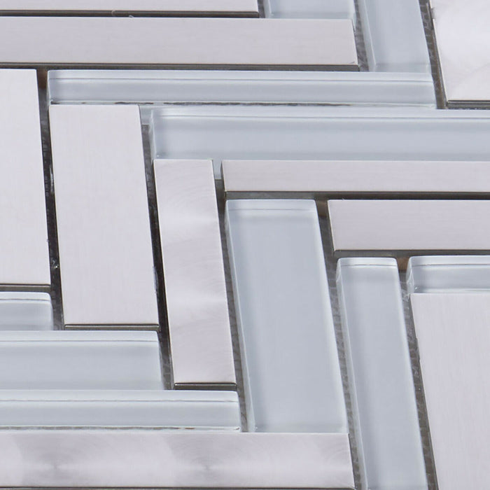 Sample - TDH414SS Stainless Steel Brushed Nickel Swirling Glass White Silver Metallic Metal Mosaic Tile