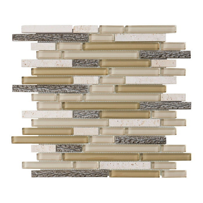 Sample - TDH13MDR Cream Beige Glass Stone Linear Interlocking Mosaic Tile