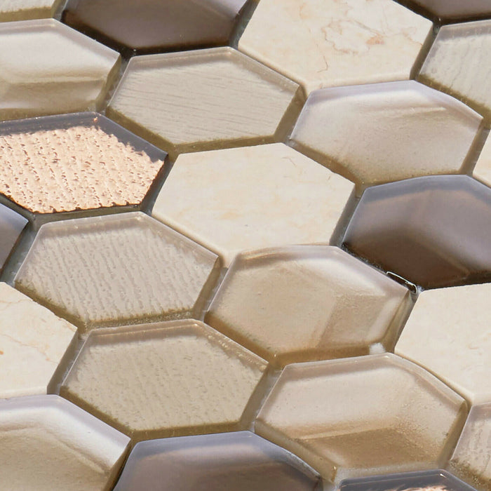 Sample - TDH30MDR Brown Beige 3D Glass Crema Marfil Stone Hexagon Mosaic Tile