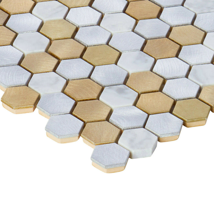 TDH45MDR White Calacatta Marble Champagne Gold Aluminum Metallic 1" Hexagon Mosaic Tile
