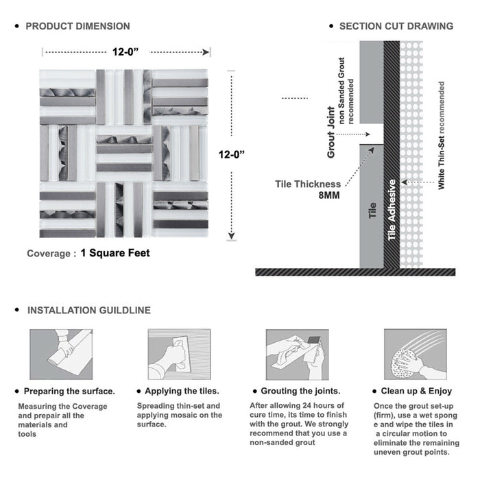 Sample - TDH372SS Stainless Steel Brushed Nickel White Crystal Glass Metallic Metal Mosaic Tile