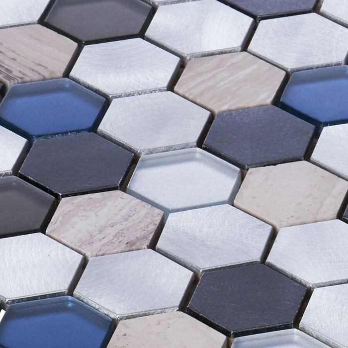 TDH35MDR Gray Marble Blue Glass Aluminum Metallic Hexagon Mosaic Tile