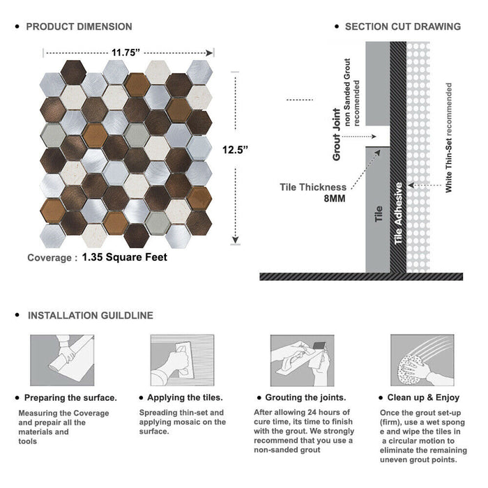 Sample - TDH34MDR Brown Beige Marble Metallic Hexagon Mosaic Tile