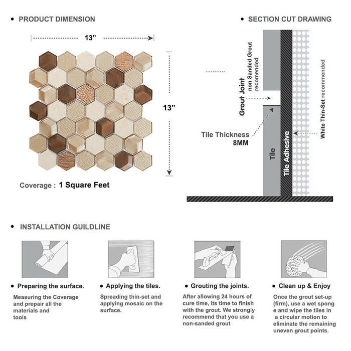 Sample - TDH30MDR Brown Beige 3D Glass Crema Marfil Stone Hexagon Mosaic Tile