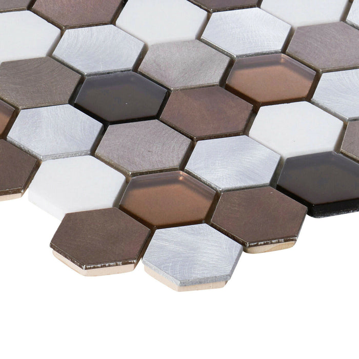 Sample - TDH34MDR Brown Beige Marble Metallic Hexagon Mosaic Tile