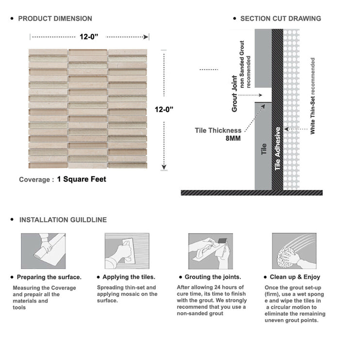 Sample - TDH287NS Natural Stone Crema Marfil Crystal Glass Beige Cream Mosaic Tile