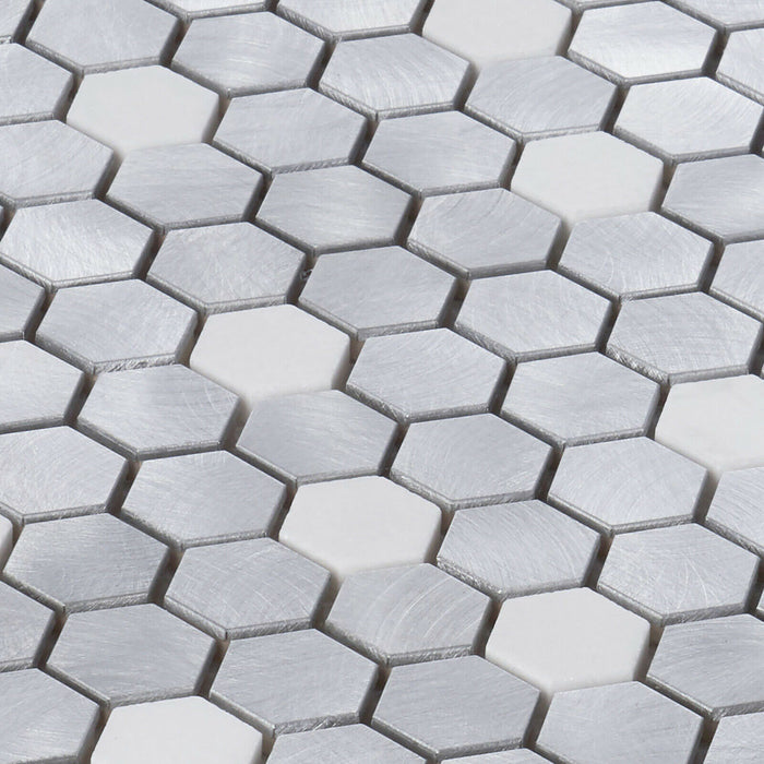 Sample - TDH44MDR White Marble Aluminum Metallic 1" Hexagon Mosaic Tile