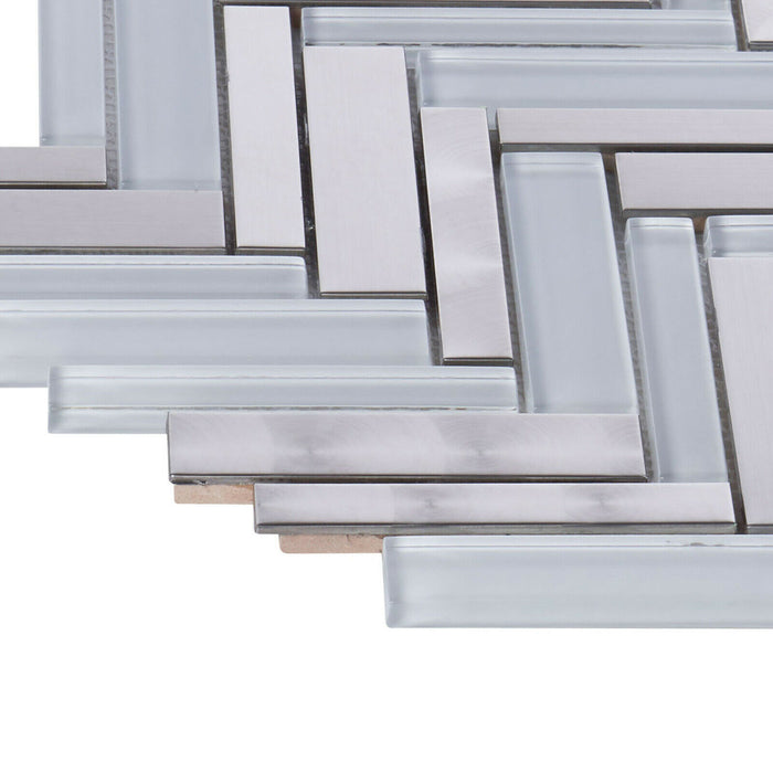 Sample - TDH414SS Stainless Steel Brushed Nickel Swirling Glass White Silver Metallic Metal Mosaic Tile