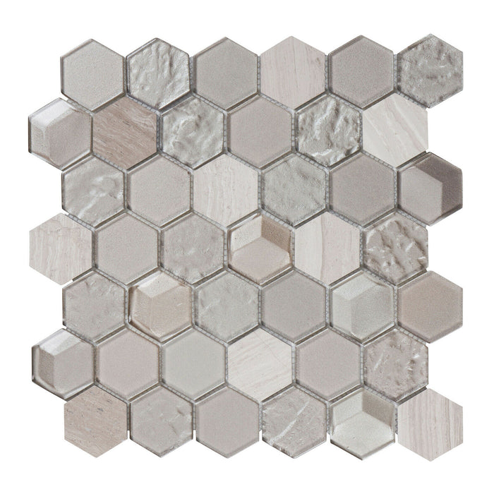 Sample - TDH28MDR Gray White Oak Beige Glass Marble Stone Hexagon Mosaic Tile