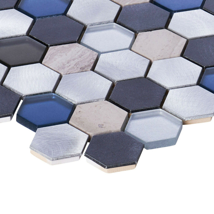 Sample - TDH35MDR Gray Marble Blue Glass Aluminum Metallic Hexagon Mosaic Tile