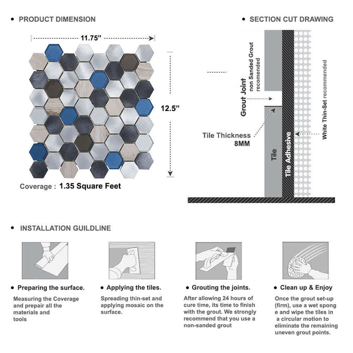 Sample - TDH35MDR Gray Marble Blue Glass Aluminum Metallic Hexagon Mosaic Tile