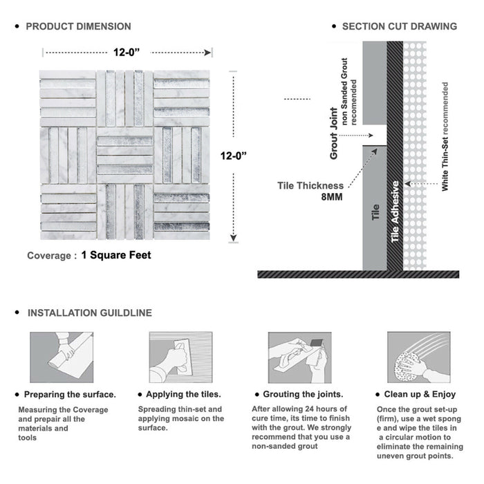 Sample - TDH360NS Natural Stone Crystal Glass Silver Carrara White Mosaic Tile