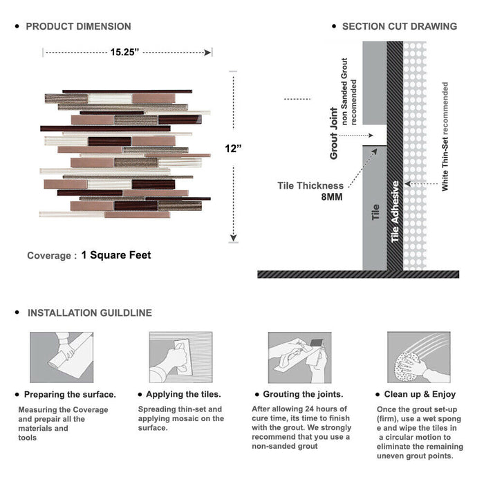 Sample - TDH48MDR Burgundy Red Beige Rose Gold Glass Metal Stainless Steel Linear Interlocking Mosaic Tile