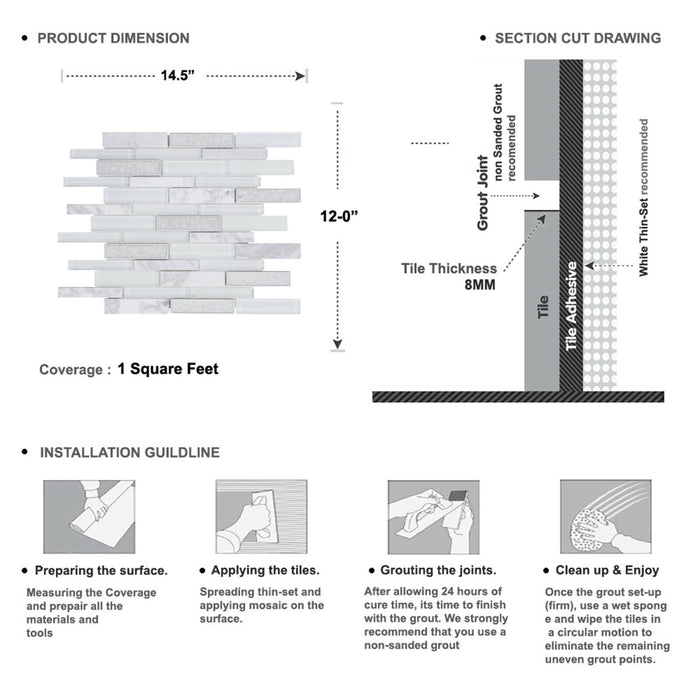 Sample - TDH496NS Natural Stone Crackle Glass Carrara White Mosaic Tile