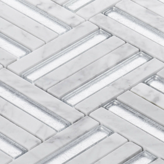 TDH360NS Natural Stone Crystal Glass Silver Carrara White Mosaic Tile