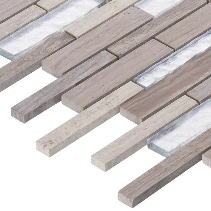 Sample - TDH479NS Natural Stone Crystal Glass White Oak Taupe Gray White Mosaic Tile