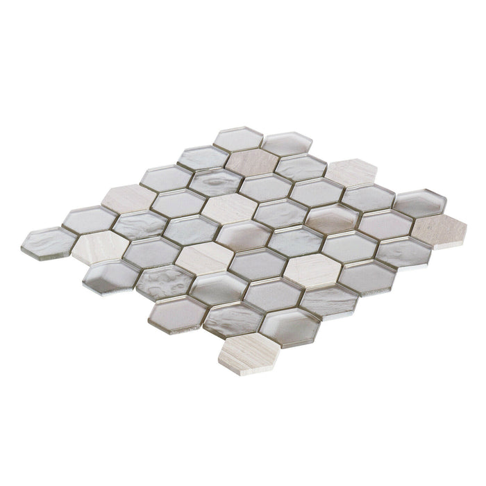 Sample - TDH28MDR Gray White Oak Beige Glass Marble Stone Hexagon Mosaic Tile
