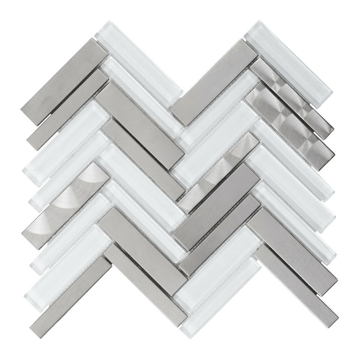 Sample - TDH414SS Stainless Steel Brushed Nickel Swirling Glass White Silver Metallic Metal Mosaic Tile