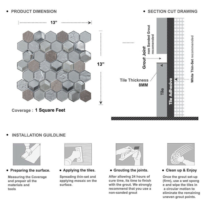 Sample - TDH29MDR Gray Metallic 3D Glass Marble Stone Hexagon Mosaic Tile