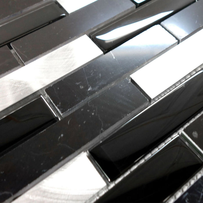 Sample - TDH218MO Black Marble Stone Blended with Black Crystal Glass and Aluminum Mosaic Tile