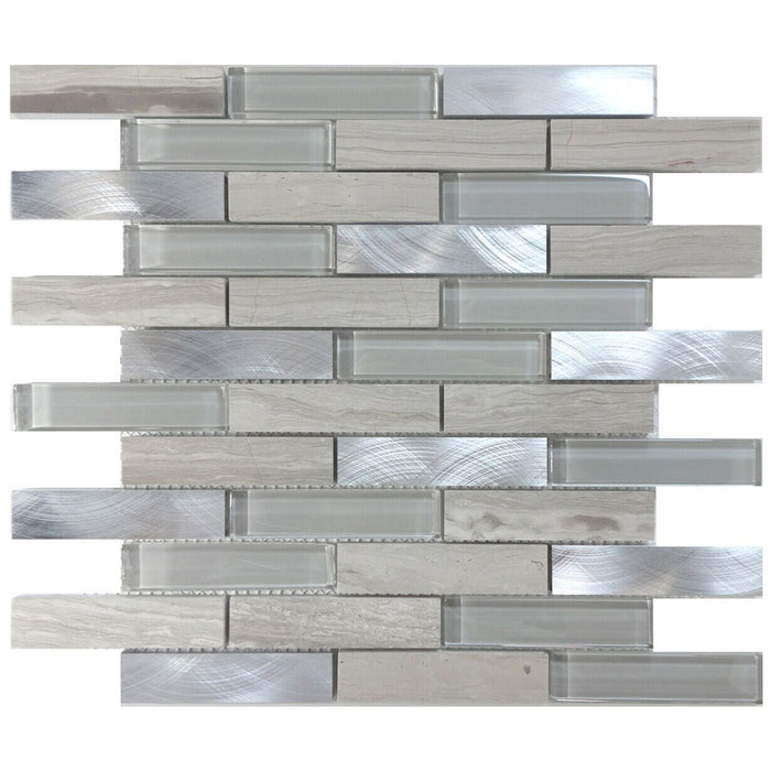 TDH217MO White Oak Marble Stone Blended with Gray  Crystal Glass and Aluminum Mosaic Tile