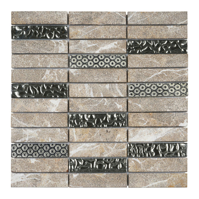 TDH137MO Gray Textured Stone Blended with Silver Glass and 3D Décor Mosaic Tile