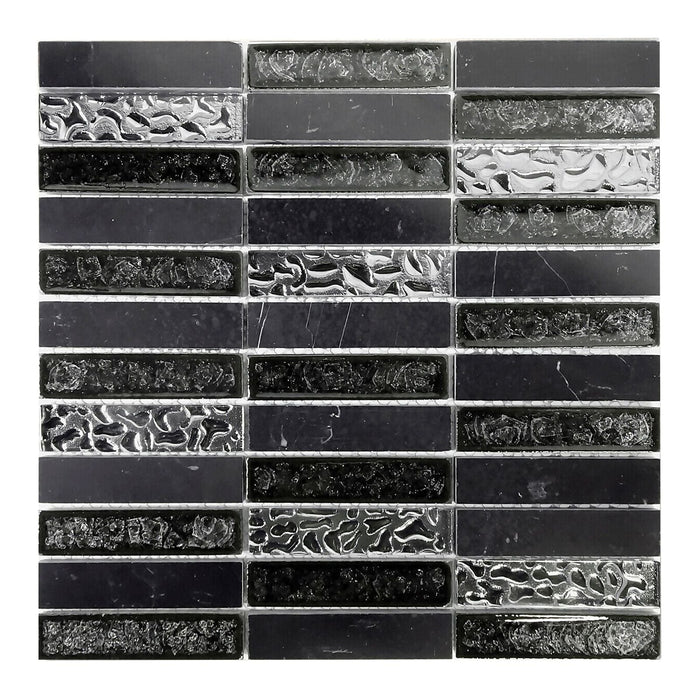 Sample - TDH202MO Black Marble Stone Blended with Crackle and Silver Glass Mosaic Tile