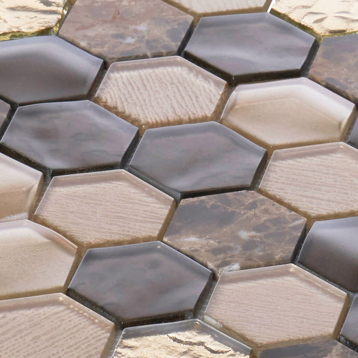 TDH31MDR Hexagon Brown and Beige Glass Blended with Brown Marble Stone Mosaic Tile
